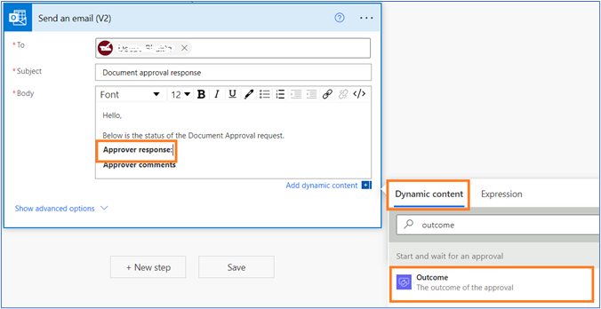 Send an email (V2) fields. Approver response in the text highlighted. Dynamic content tab and Outcome option selected.