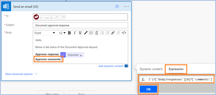 Send an email (V2) fields. Approver comments in the text highlighted. Expression tab selected.