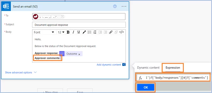 Send an email (V2) fields. Approver comments in the text highlighted. Expression tab selected.