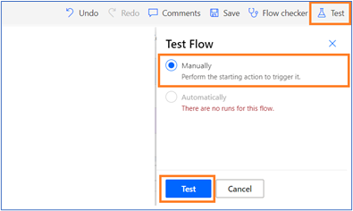 Test option highlighted . Test flow. Manually option selected.