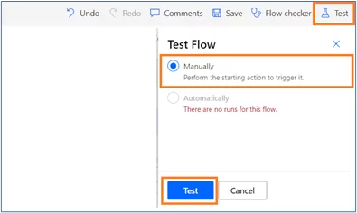 Test option highlighted . Test flow. Manually option selected.