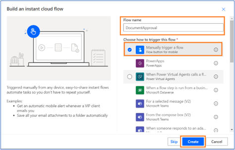 Build and instant cloud flow dialogue box. Flow name and Manually Trigger a flow highlighted. 