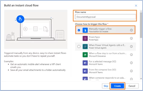 Build and instant cloud flow dialogue box. Flow name and Manually Trigger a flow highlighted.