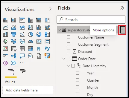 Visualisations and fields dialogue box with the three dots highlighted. More options label showing.
