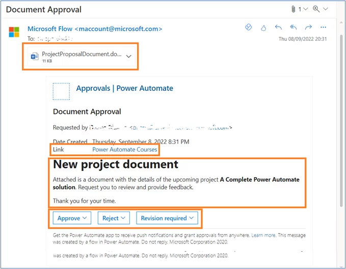 Document approval window. Attachment file highlighted. Link highlighted. Text of the email highlighted. Approve, reject and revision required button highlighted.