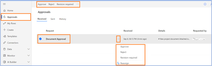 Approve, reject and revision request button highlighted. Approval menu option highlighted. Three dots highlighted. Context menu: Approve, reject, revision required and reassigned.