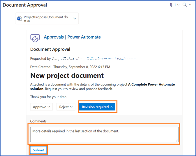 Revision required button selected. Comments field and submit button.