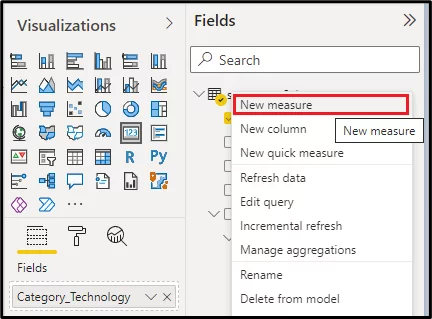 More options context menu on Visualisations and Fields dialogue box. New measure highlighted.