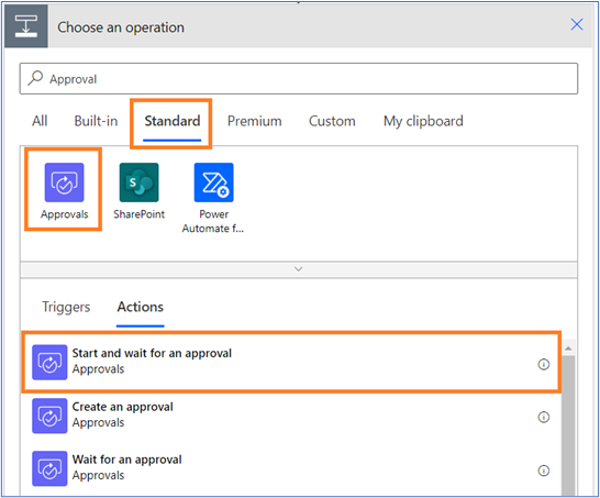 Standard tab highlighted. Below, approvals highlighted. On the bottom, Start and wait for an approval highlighted, under the actions tab.