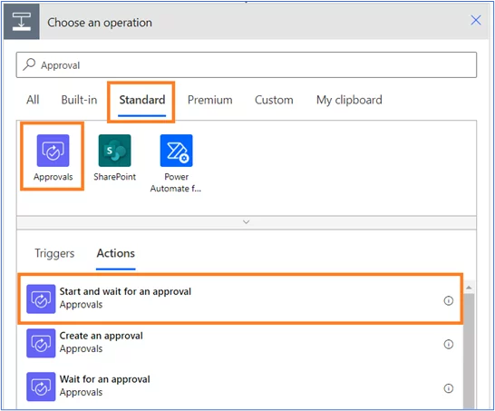 Standard tab highlighted. Below, approvals highlighted. On the bottom, Start and wait for an approval highlighted, under the actions tab.