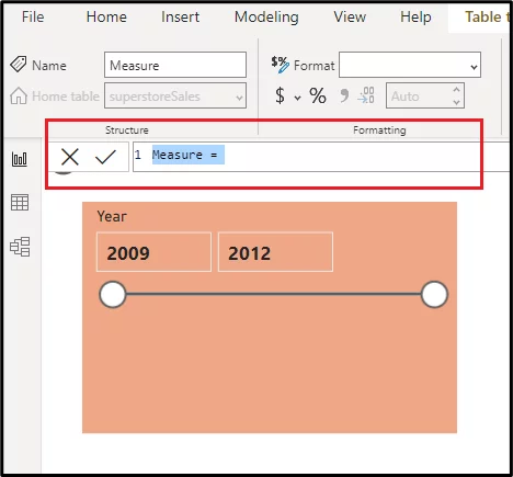 Field highlighted showing 1 Measure =.