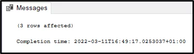 Message saying three rows affected.