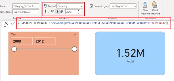 Dax function and data format highlighted.