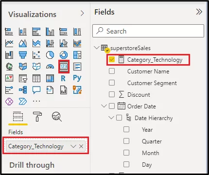 Visualisations and Field dialogue box. The field Category_Technology is highlighted on both sides.