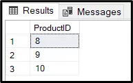 Table showing three different ProductID 8, 9 and 10.