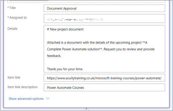 Options: title, assigned to, details, item link, item link description.