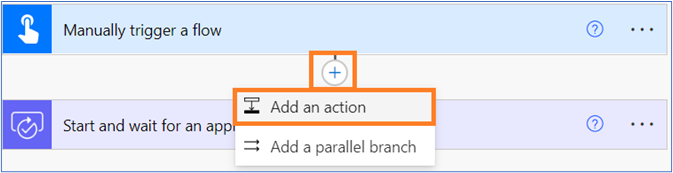 Plus button highlighted. Context menu: add an action highlighted.
