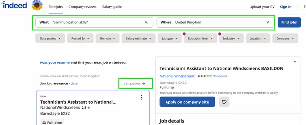 Indeed communication skills search