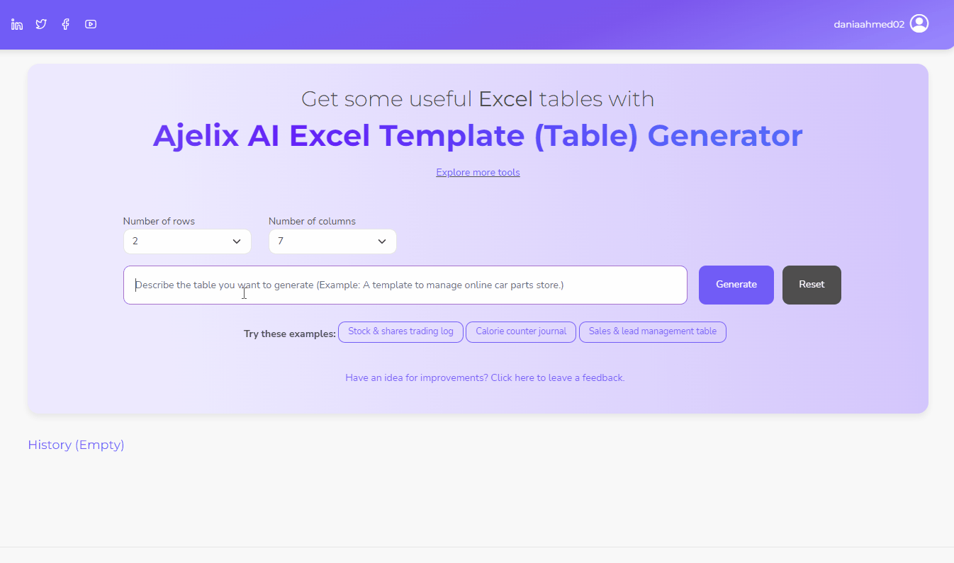 Ajelix generates a table template