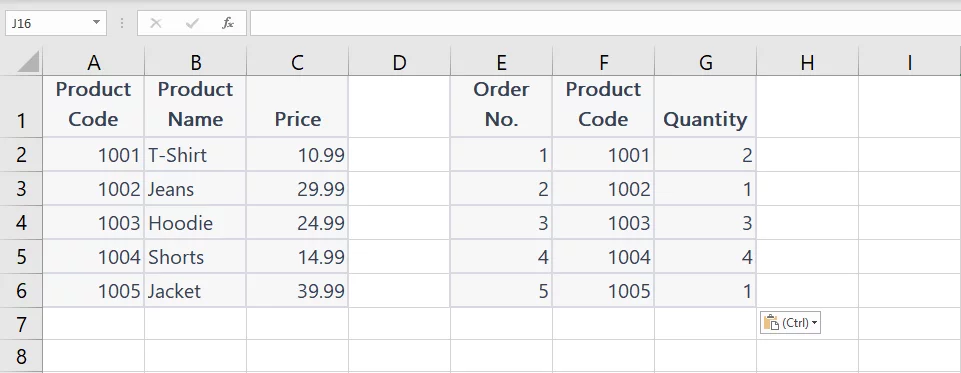Data copied to Excel