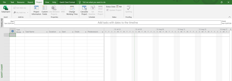 Overview of Microsoft Project. Ribbon showing the Project tab options.