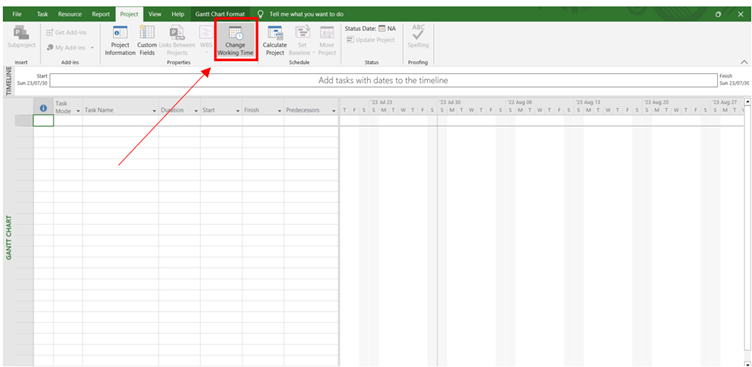 Change Working Time button highlighted in the the ribbon.