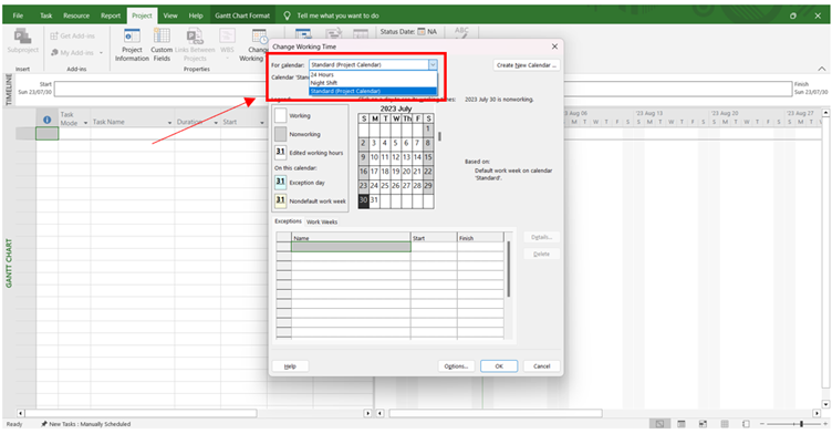 Change Working Time window with the calendar options highlighted.