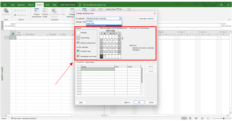 Change Working Time dialogue box with the calendar settings highlighted.