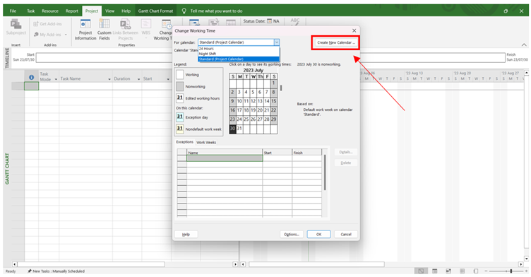 Create New Calendar button highlighted in the Change Working Time dialogue box.