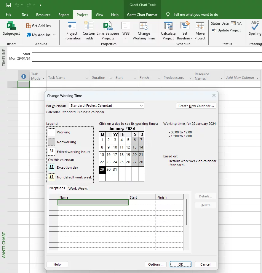 Calendar option in Microsoft Project