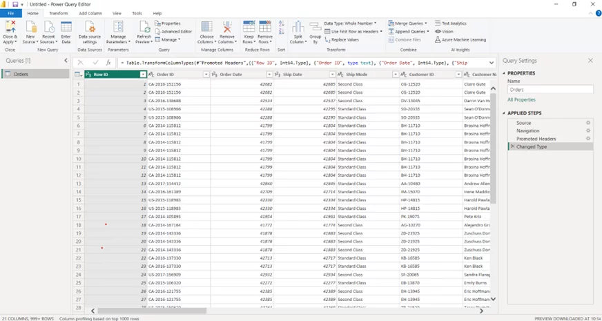 General view of the Power BI interface showing a dataset.