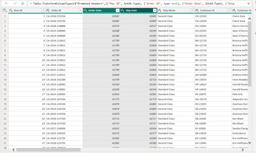 Order date and ship date columns highlighted.