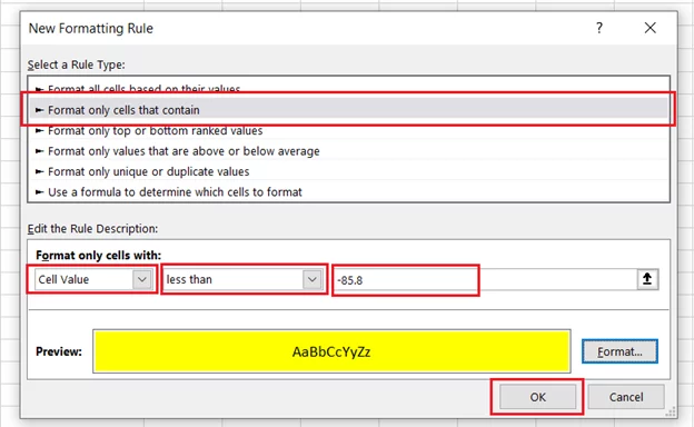 setting the rule to less than -85.8