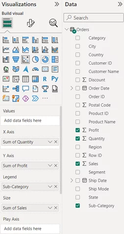 Visualisations menu and Data sub menu.