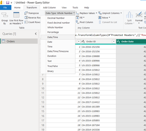 Transform tab selected. Data type, whole number, date/time selected.