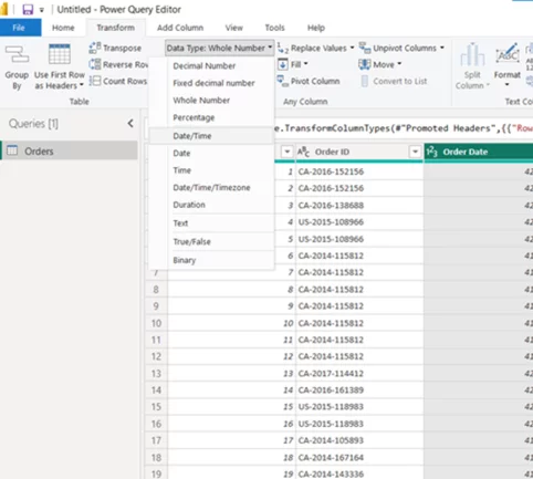 Transform tab selected. Data type, whole number, date/time selected.