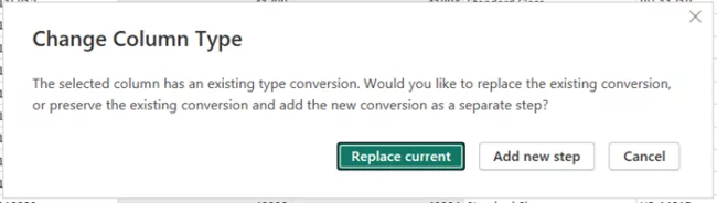 Change column type dialogue box.