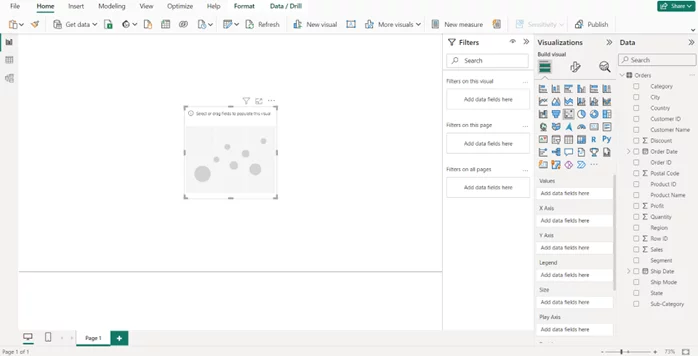 Display area of Power BI showing the bubble chart place holder in the middle.