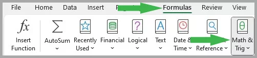 Where to click in Excel to find the SUM function