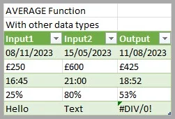 Average function in excel working with other data types