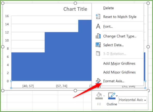 Context menu of the chart. Arrow pointing at Format Axis.