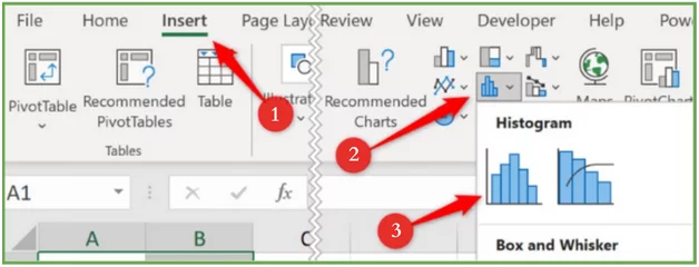 Image of the ribbon in Excel with arrows pointing at the menus where the user should click to create the chart.