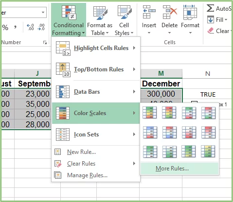 Conditional formatting submenu.