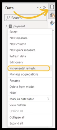 Data pane. Incremental refresh option highlighted.