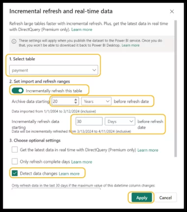 Incremental refresh and real-time data dialogue box.