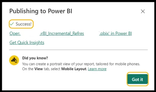 Publishing to Power BI success.