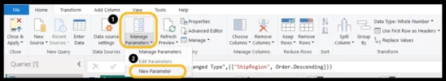 Power BI ribbon. Manage Paramenters and New Parameters options highlighted.