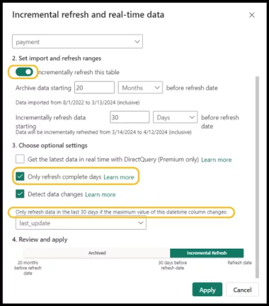 Incremental refresh and real-time data dialogue box.