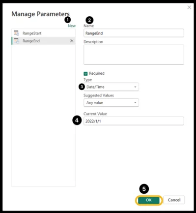 Manage parameters dialogue box. 5 steps numbered.