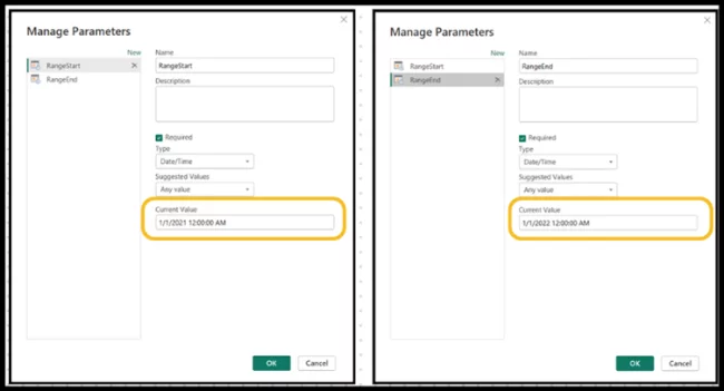 Two Manage Parameters dialogue boxes, side by side, with Current Value field highlighted.